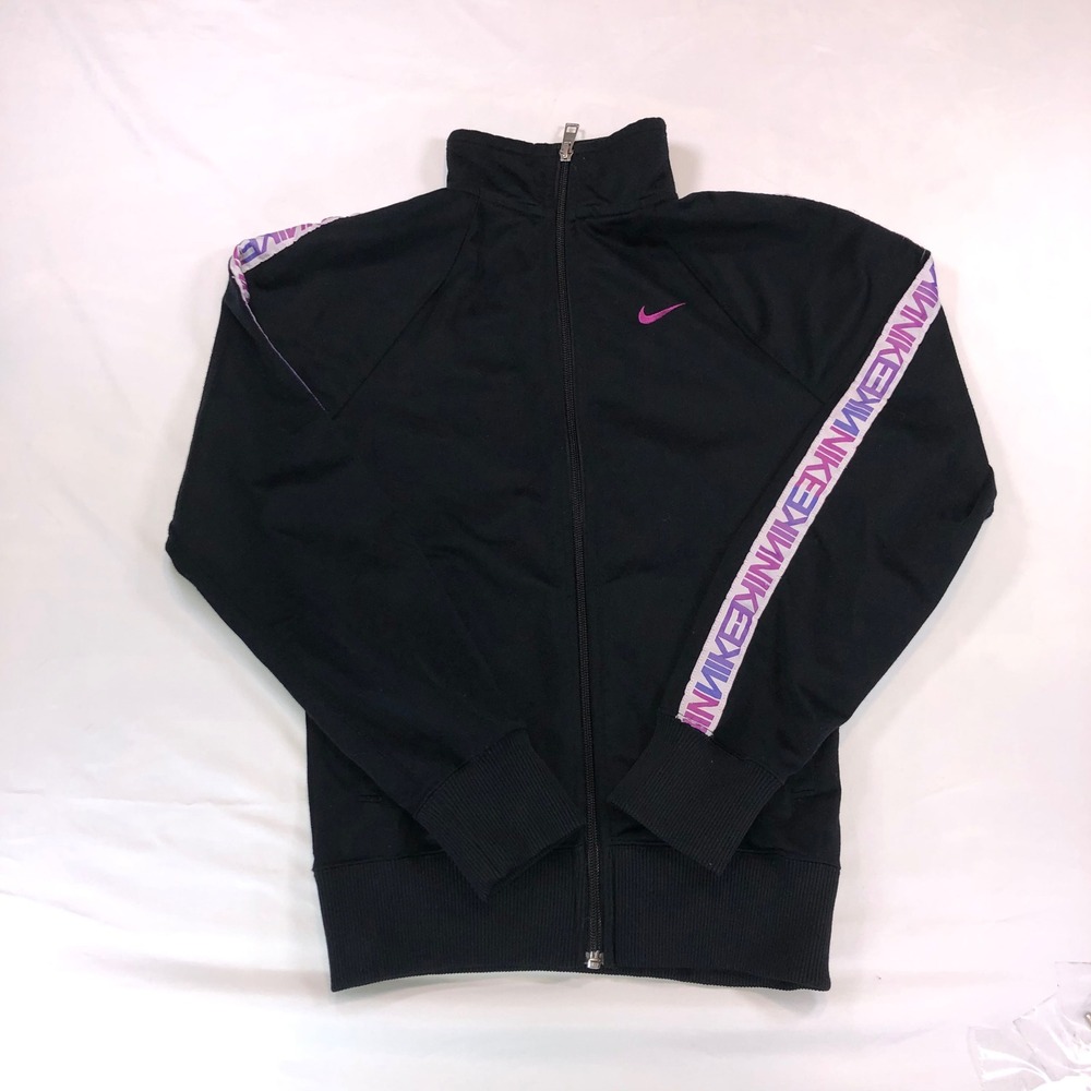 Nike Womens Track Jacket Black Purple Logo Tape Full Zip Size L RN56323